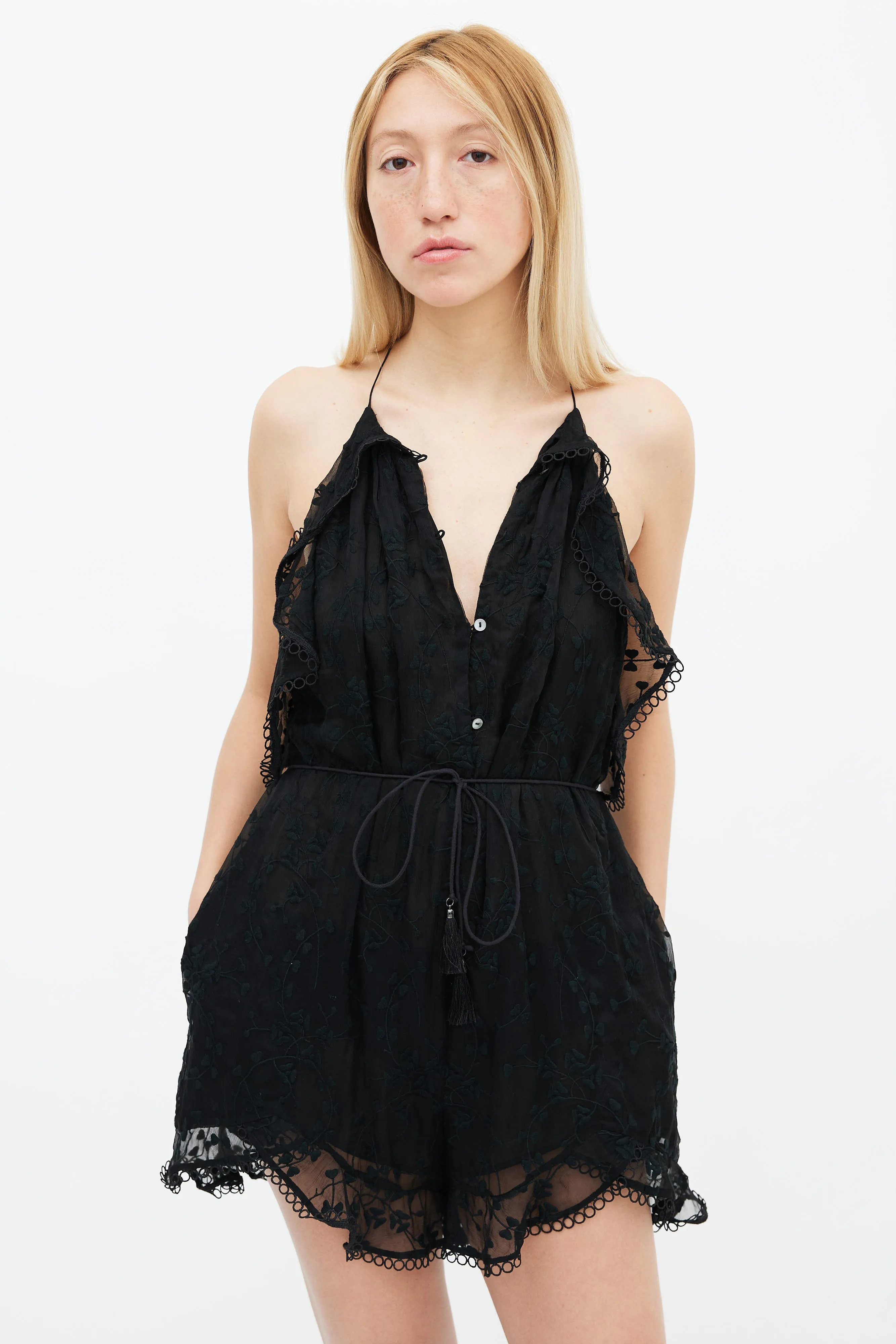 Black Floral Embroidery Sleeveless Romper