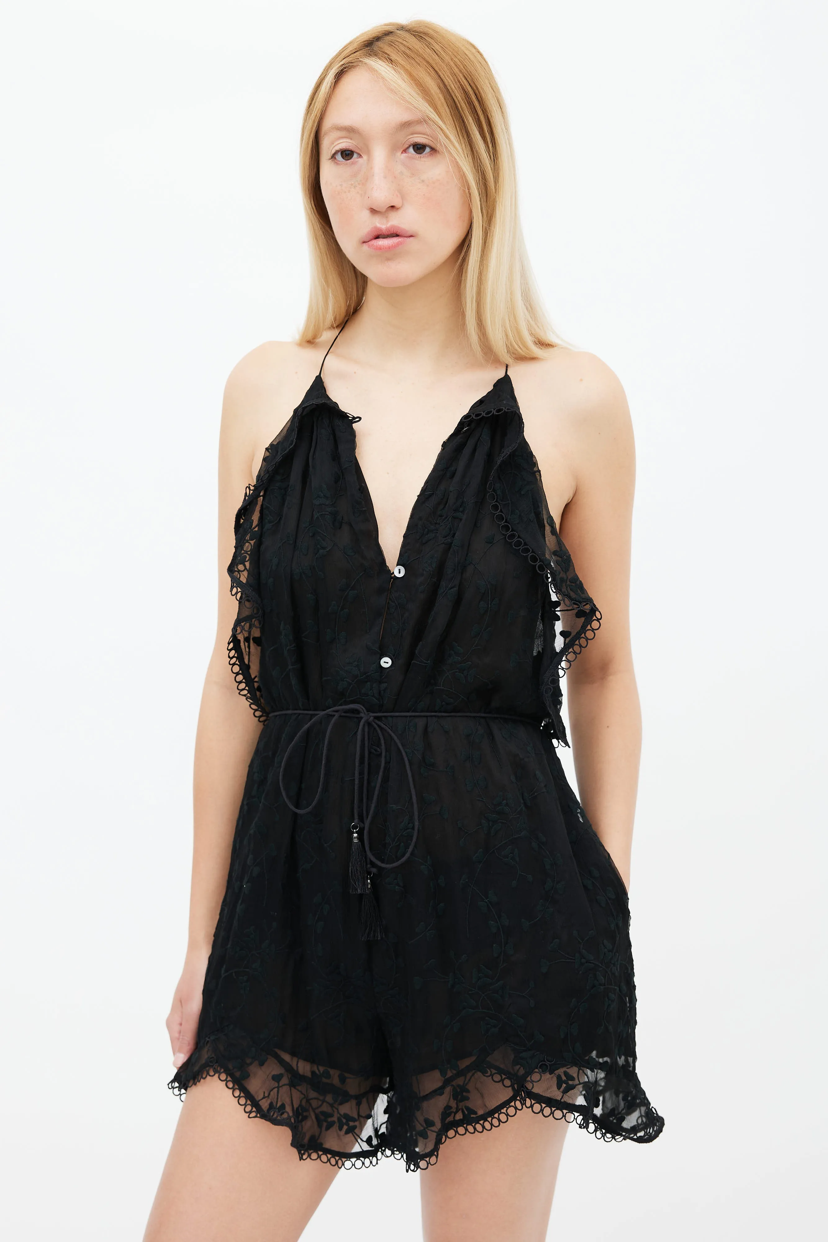 Black Floral Embroidery Sleeveless Romper