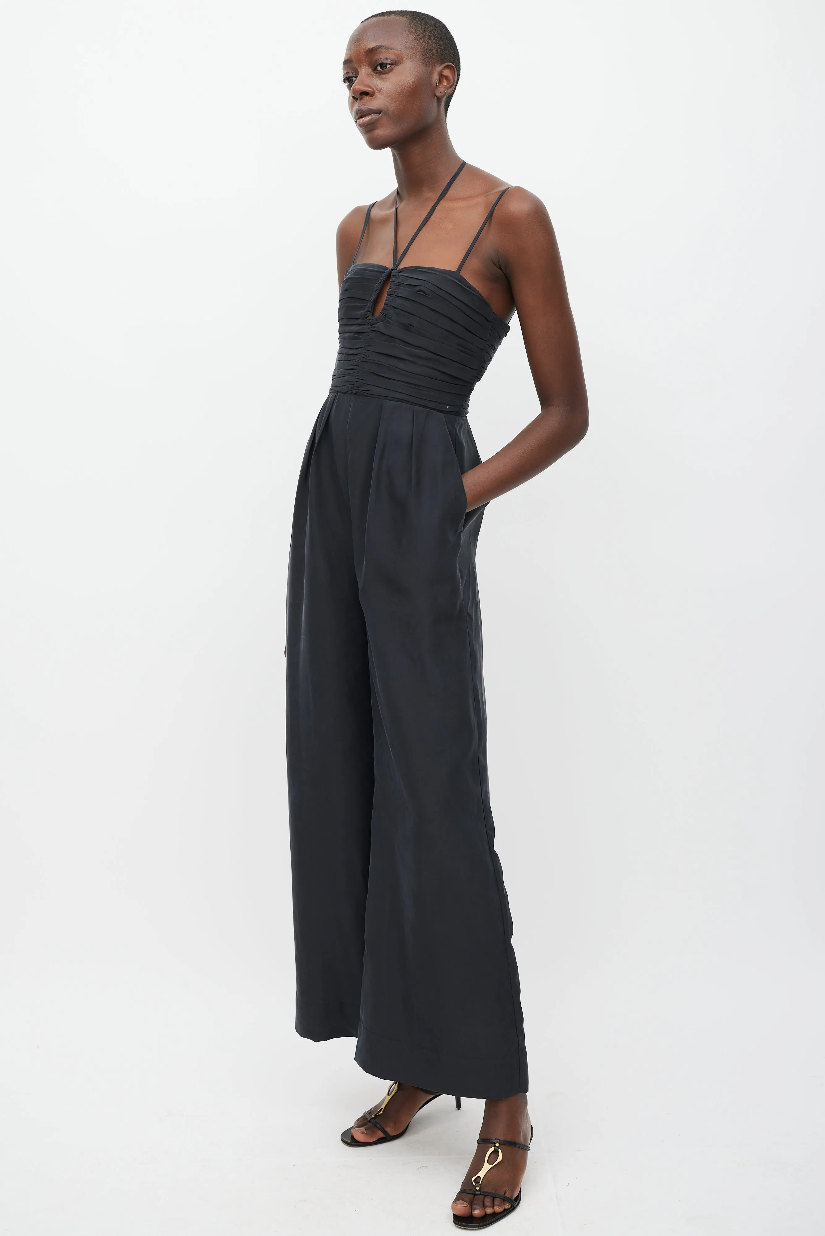 Black Silk Pleated Jumpsuit