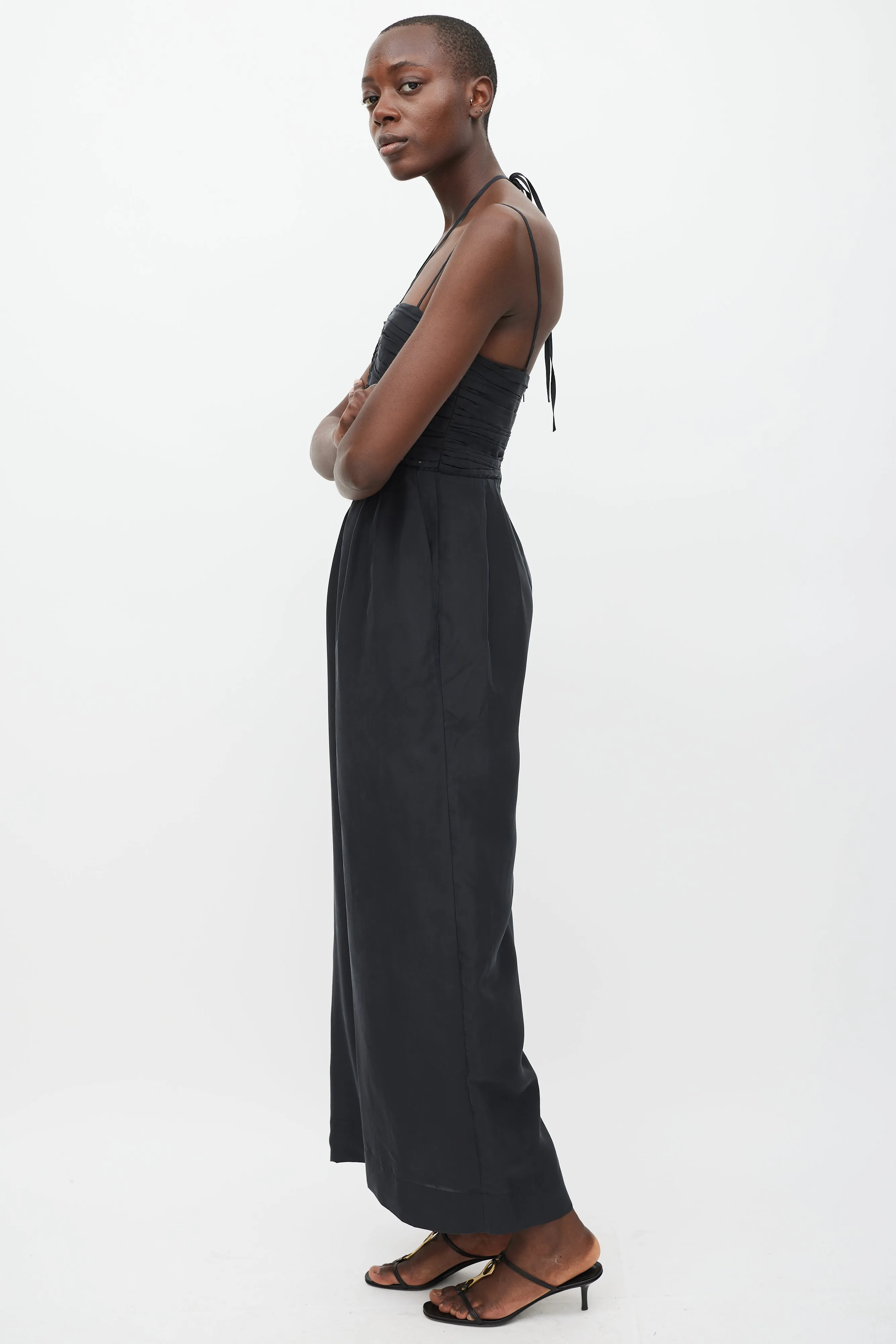 Black Silk Pleated Jumpsuit
