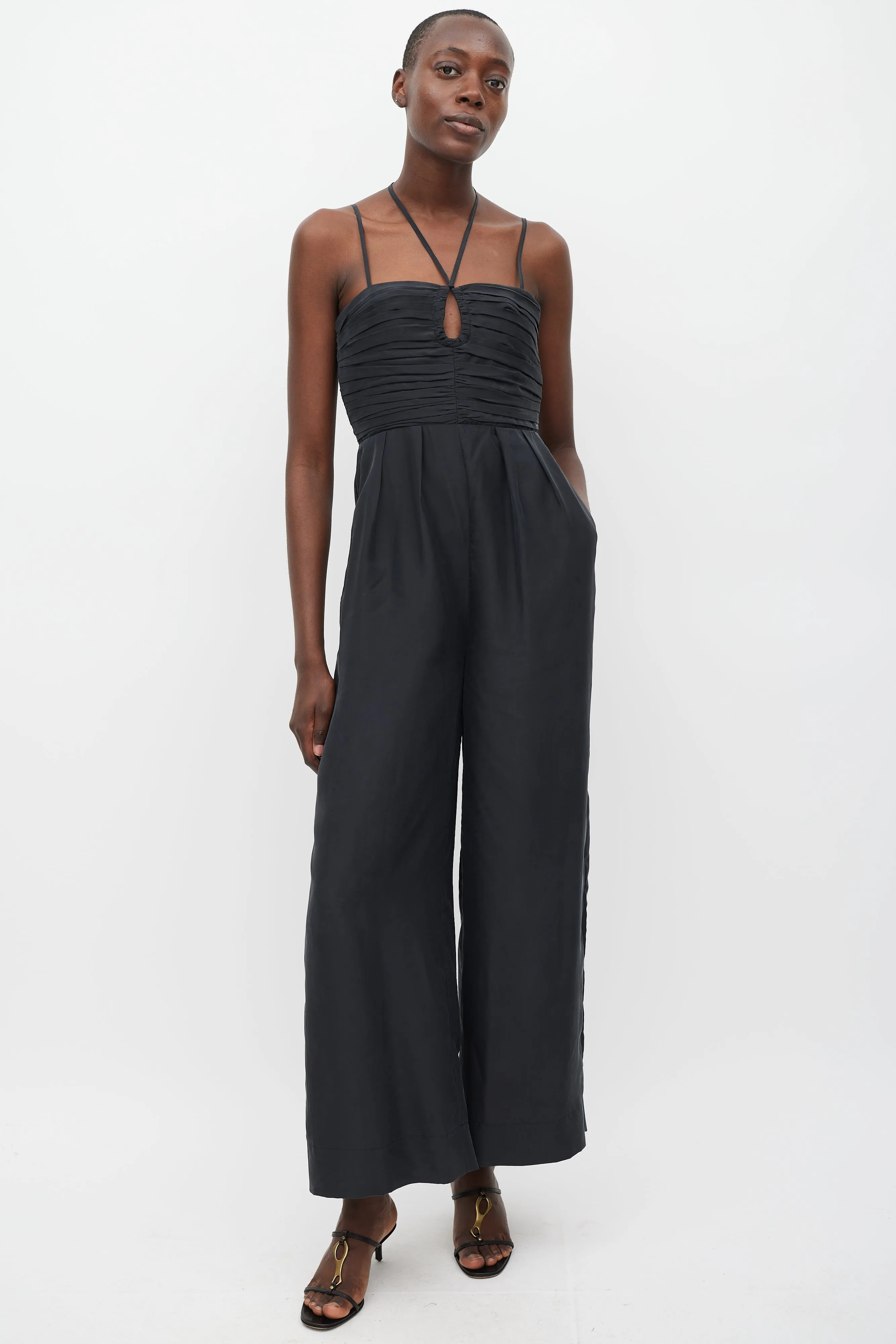Black Silk Pleated Jumpsuit