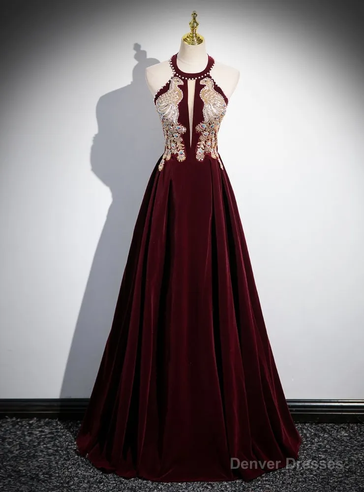 Burgundy Velvet Halter Beading Sequins Prom Dress
