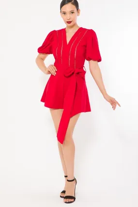 Chic Crochet Detailed Short Sleeve Fashion Romper with Belt