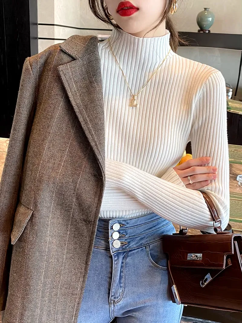 Elegant Solid Basic Knitted Tops Women Turtlneck Sweater Long Sleeve Casual Slim Pullover Korean Fashion Simple Chic Clothes