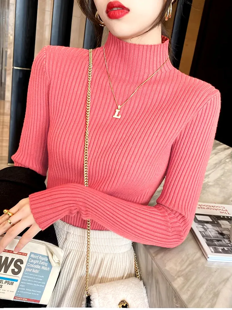 Elegant Solid Basic Knitted Tops Women Turtlneck Sweater Long Sleeve Casual Slim Pullover Korean Fashion Simple Chic Clothes