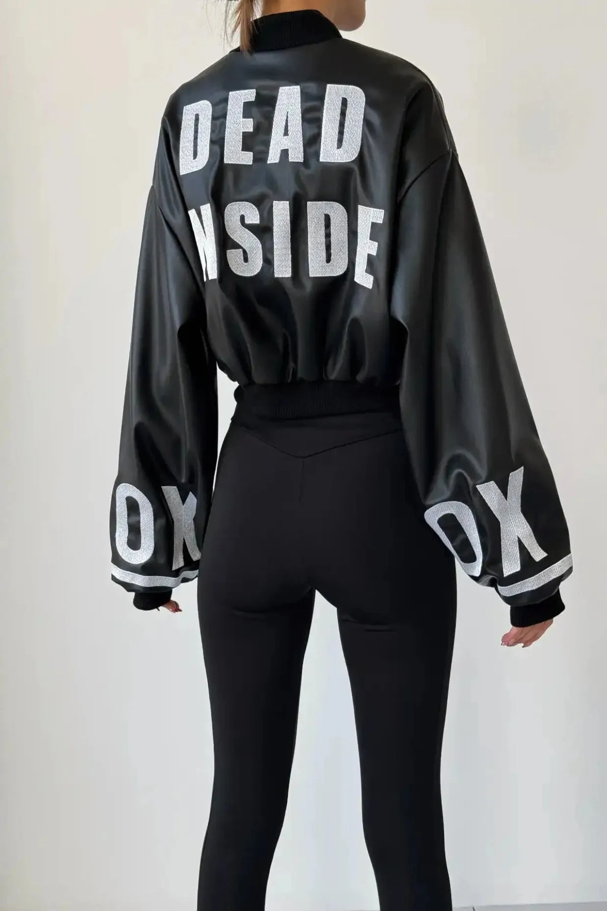 EMBROIDERED BACK AND SLEEVE FAKE LEATHER BOMBER JACKET - BLACK