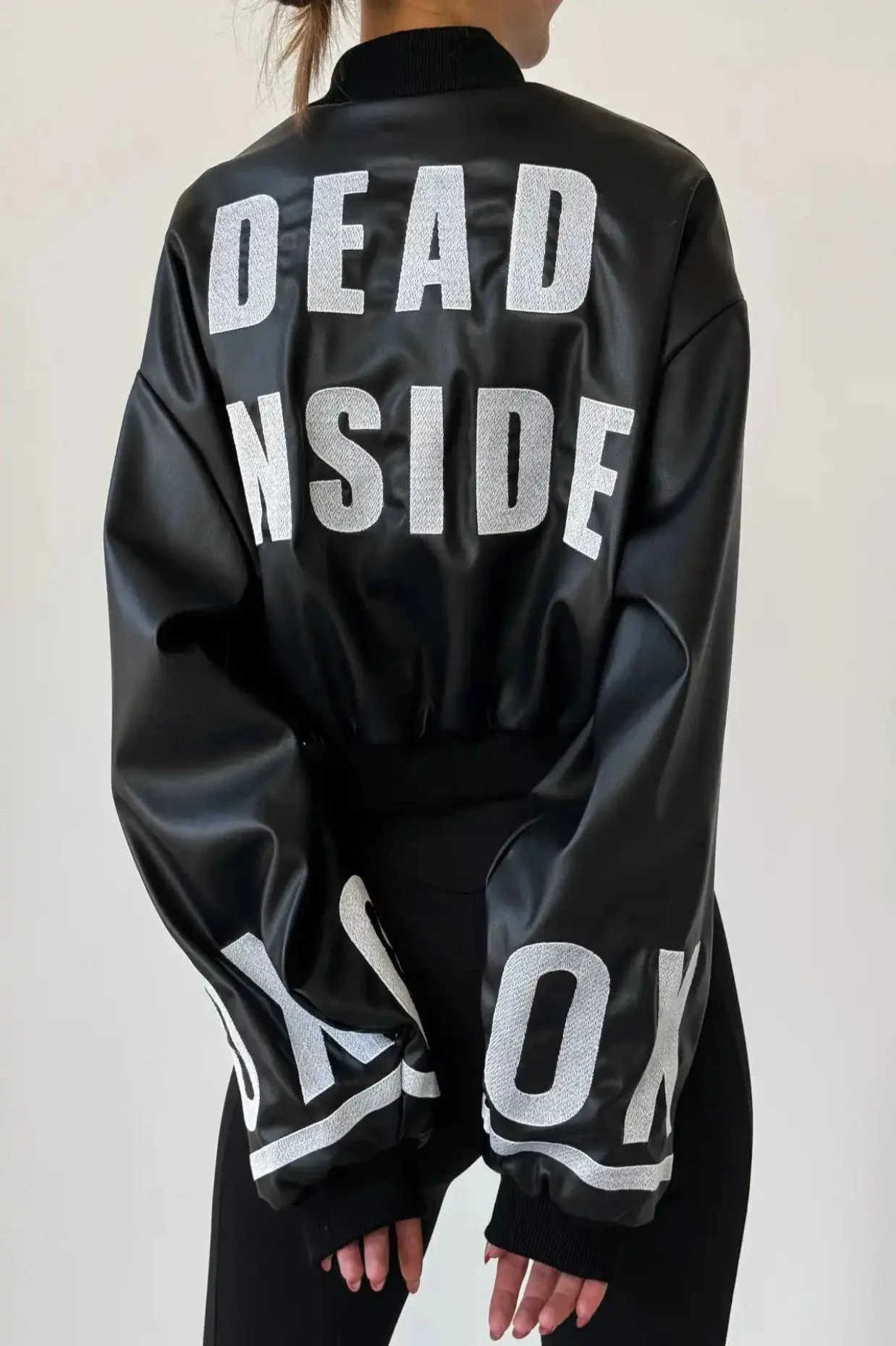 EMBROIDERED BACK AND SLEEVE FAKE LEATHER BOMBER JACKET - BLACK