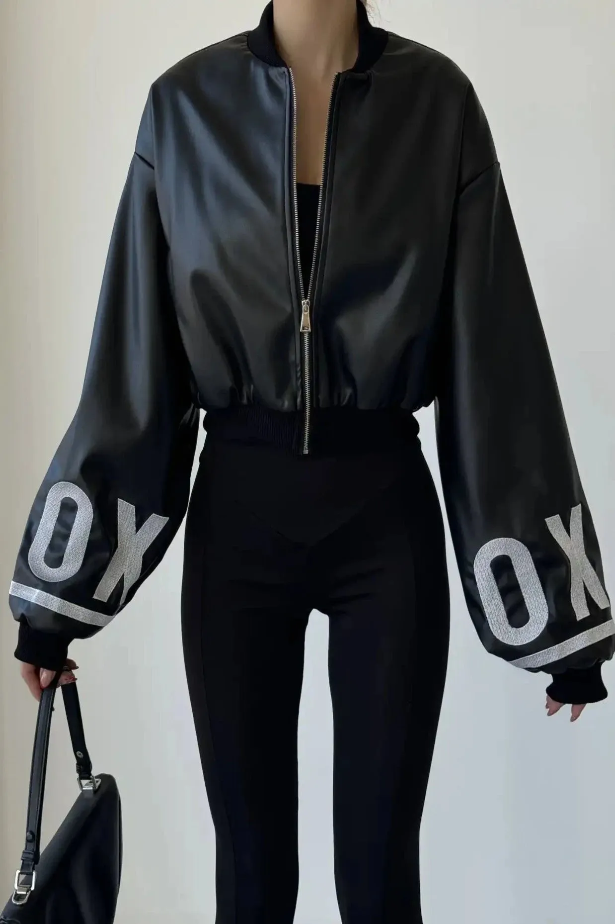 EMBROIDERED BACK AND SLEEVE FAKE LEATHER BOMBER JACKET - BLACK