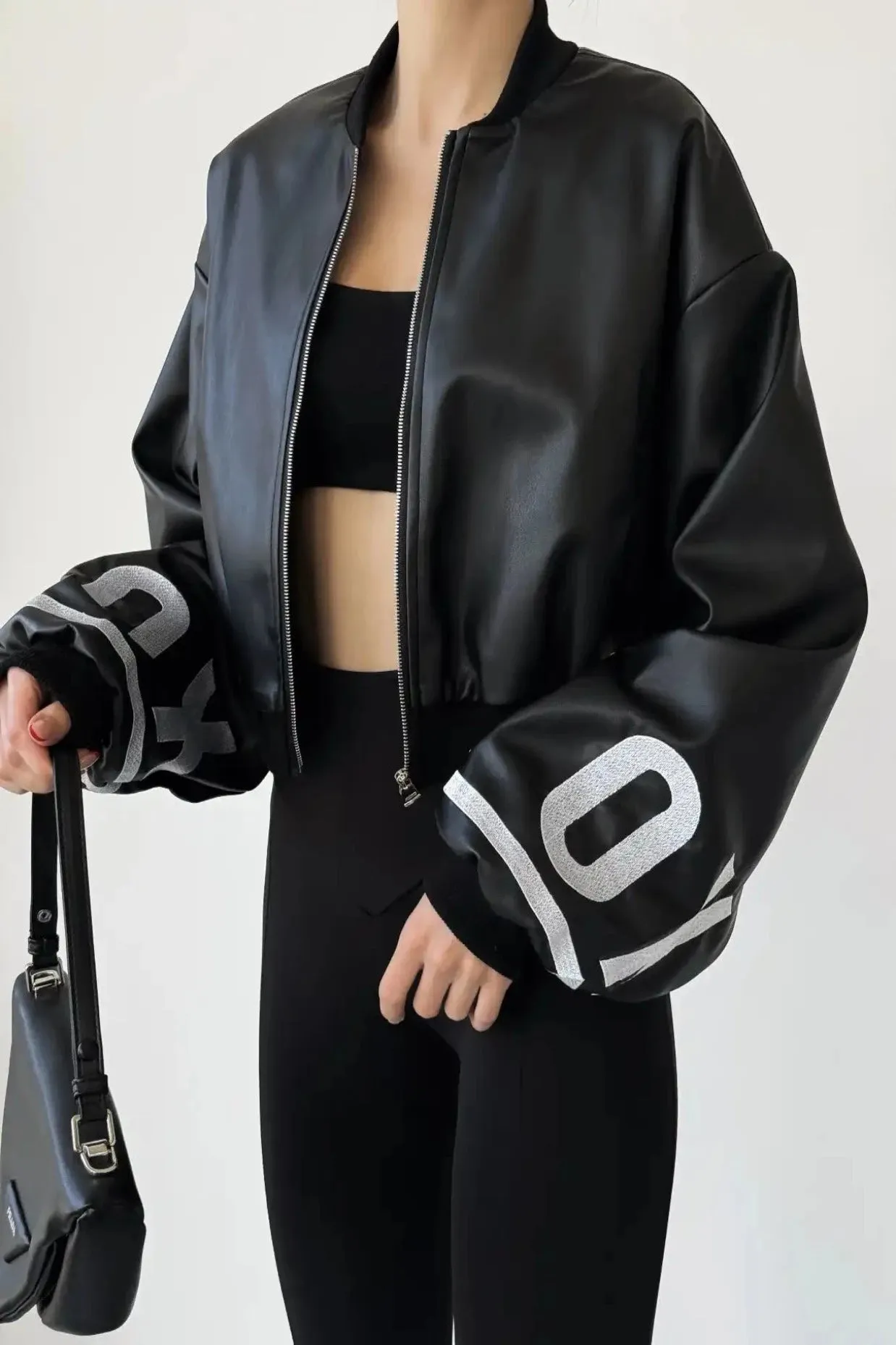 EMBROIDERED BACK AND SLEEVE FAKE LEATHER BOMBER JACKET - BLACK