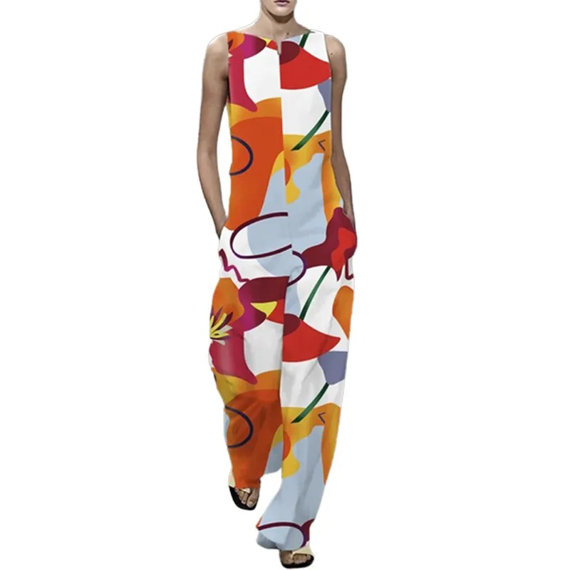 Freeacy 2023 New Contrast Color Printed Sleeveless Loose Wide Leg Jumpsuit For Women Summer Casual Going Out Jump Suits