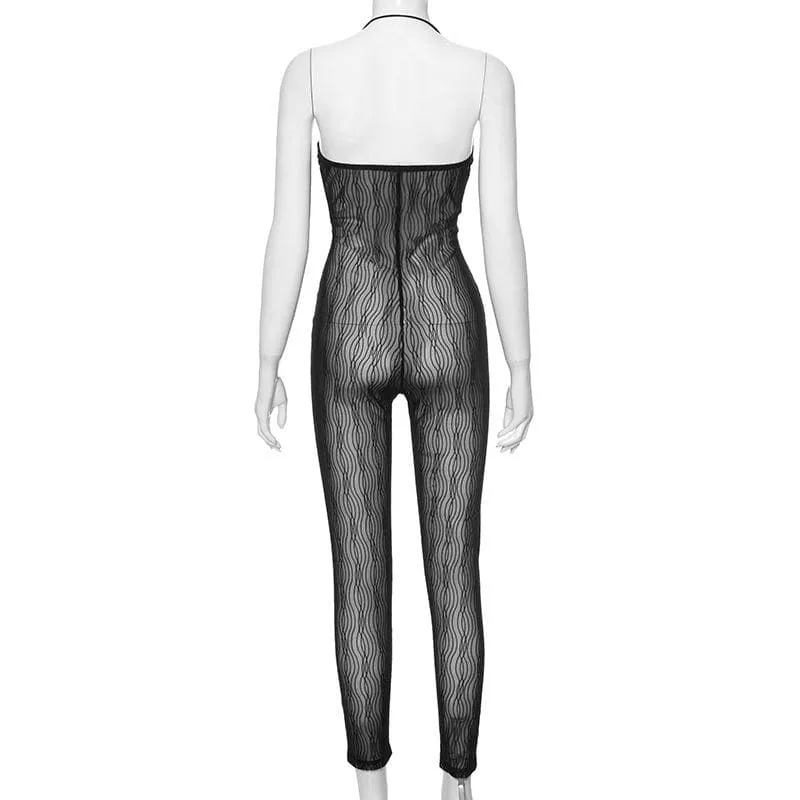 Halter mesh see through textured jumpsuit
