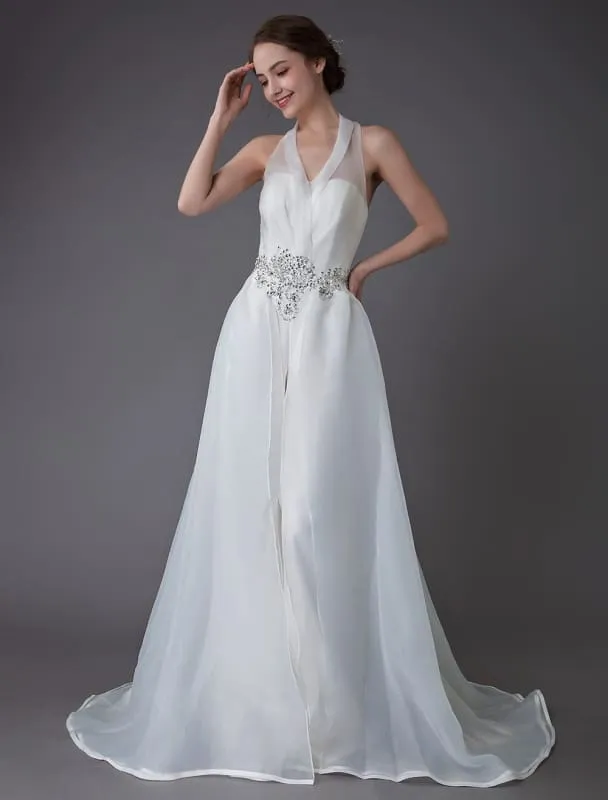 Ivory Wedding Jumpsuits Halter V Neck Rhinestones Backless Bridal Dress
