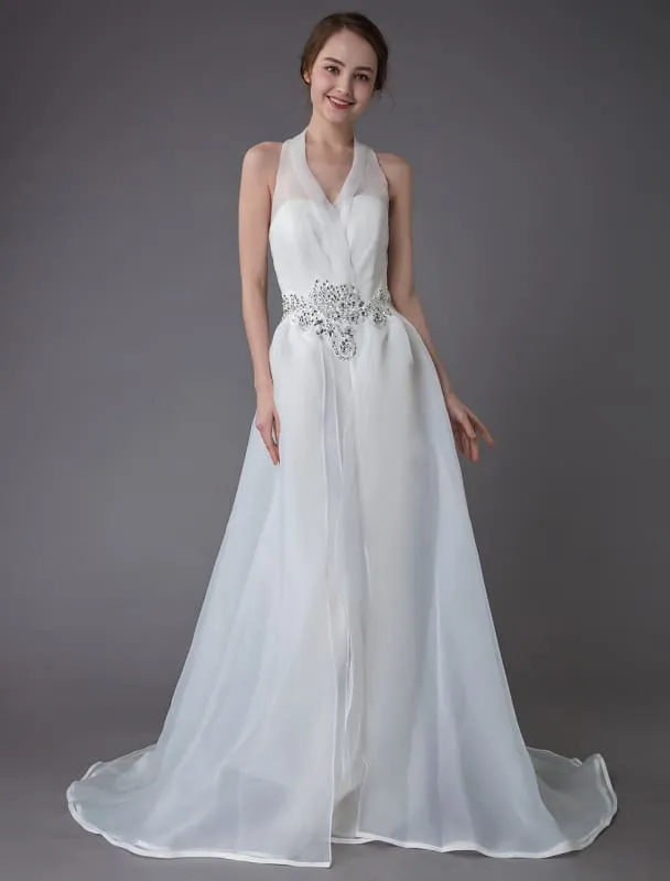 Ivory Wedding Jumpsuits Halter V Neck Rhinestones Backless Bridal Dress