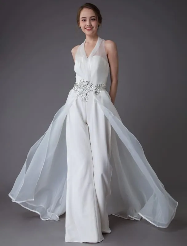 Ivory Wedding Jumpsuits Halter V Neck Rhinestones Backless Bridal Dress