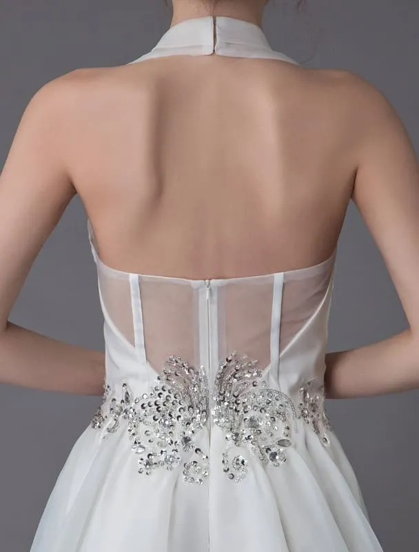 Ivory Wedding Jumpsuits Halter V Neck Rhinestones Backless Bridal Dress