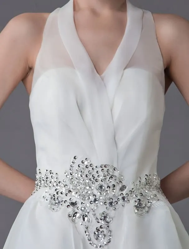 Ivory Wedding Jumpsuits Halter V Neck Rhinestones Backless Bridal Dress