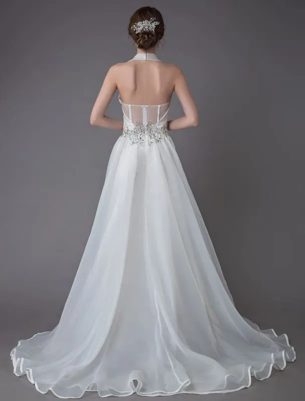 Ivory Wedding Jumpsuits Halter V Neck Rhinestones Backless Bridal Dress