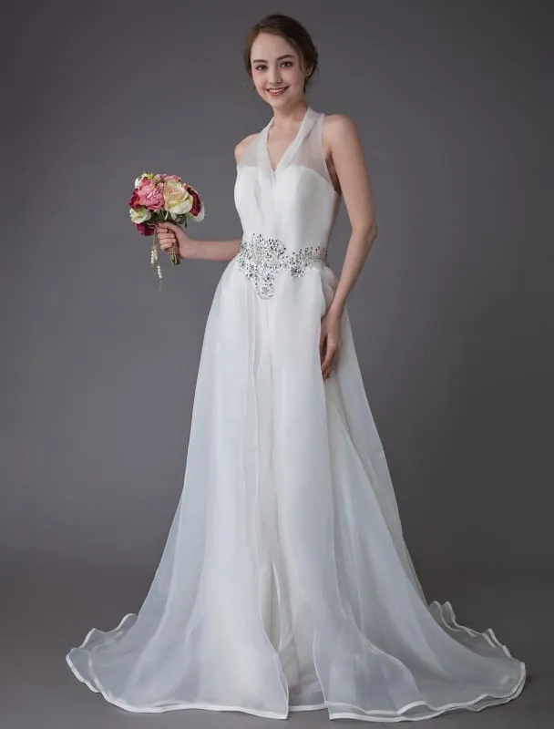 Ivory Wedding Jumpsuits Halter V Neck Rhinestones Backless Bridal Dress