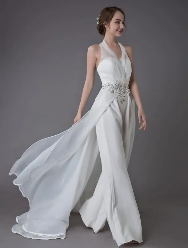 Ivory Wedding Jumpsuits Halter V Neck Rhinestones Backless Bridal Dress