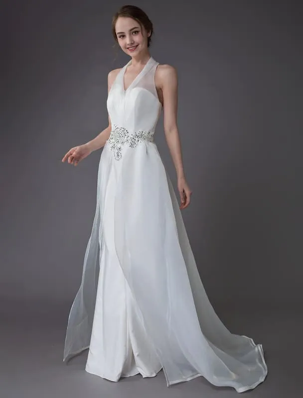 Ivory Wedding Jumpsuits Halter V Neck Rhinestones Backless Bridal Dress