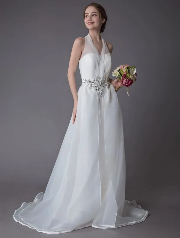 Ivory Wedding Jumpsuits Halter V Neck Rhinestones Backless Bridal Dress