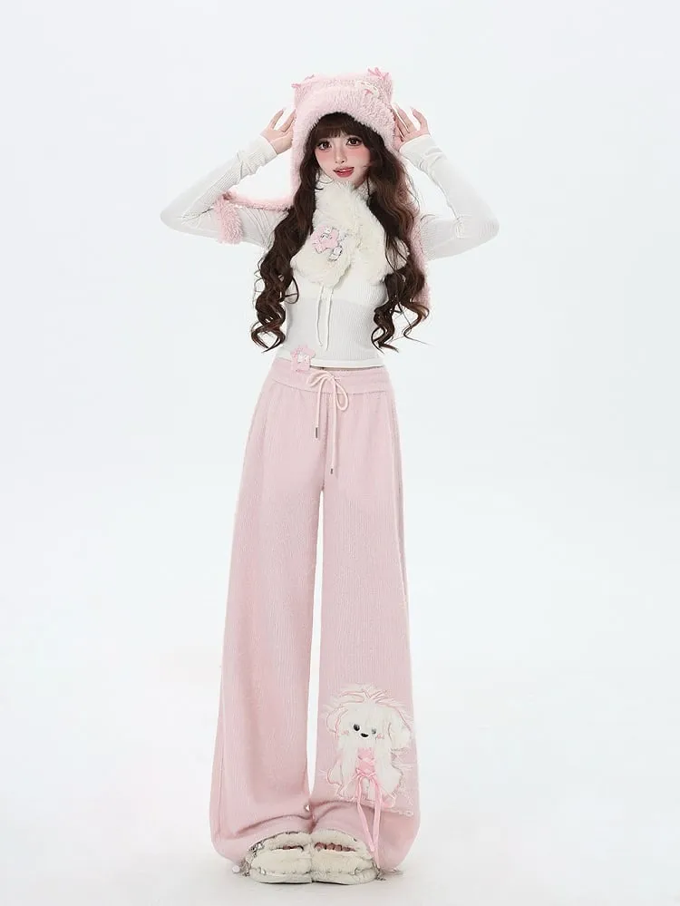 Pink Cute Puppy Straight-leg Cut Pants