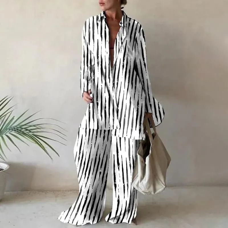 Spring and Summer Women's Printed Nine Quarter Sleeve Length Shirt Straight Leg Pants Set for Fashion XL B-35328