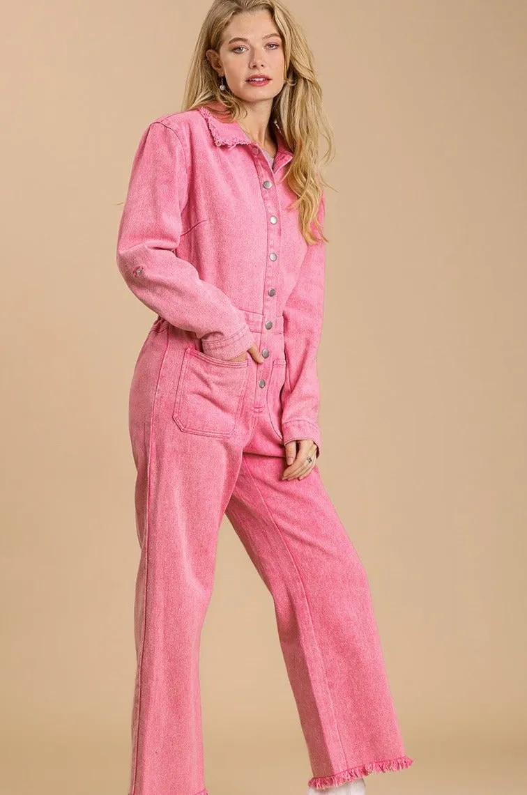 Stonewash Button-Down Wide Leg Distressed Jumpsuit