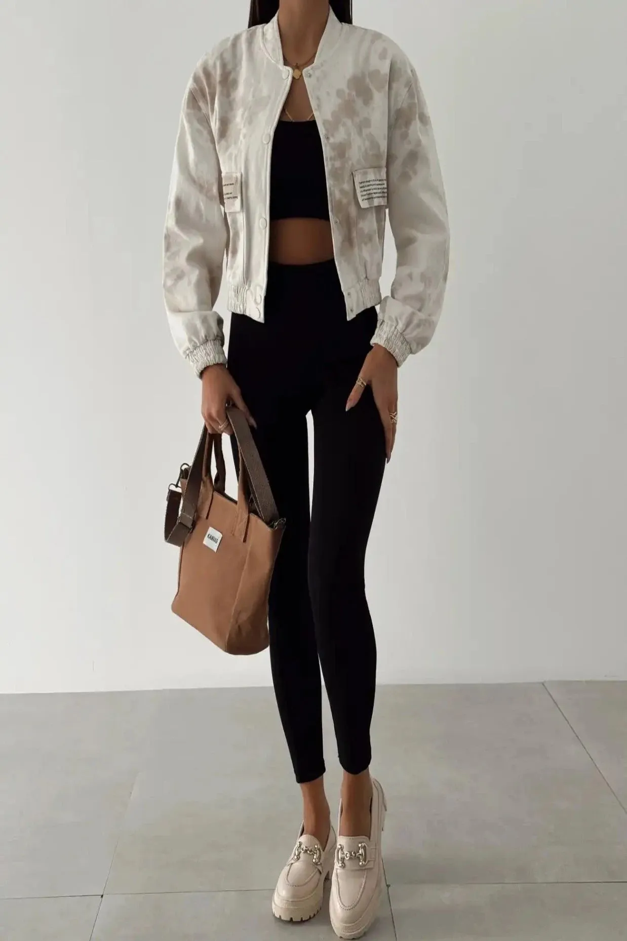 TEXT PRINTED BATIK PATTERNED BOMBER JACKET - ECRU