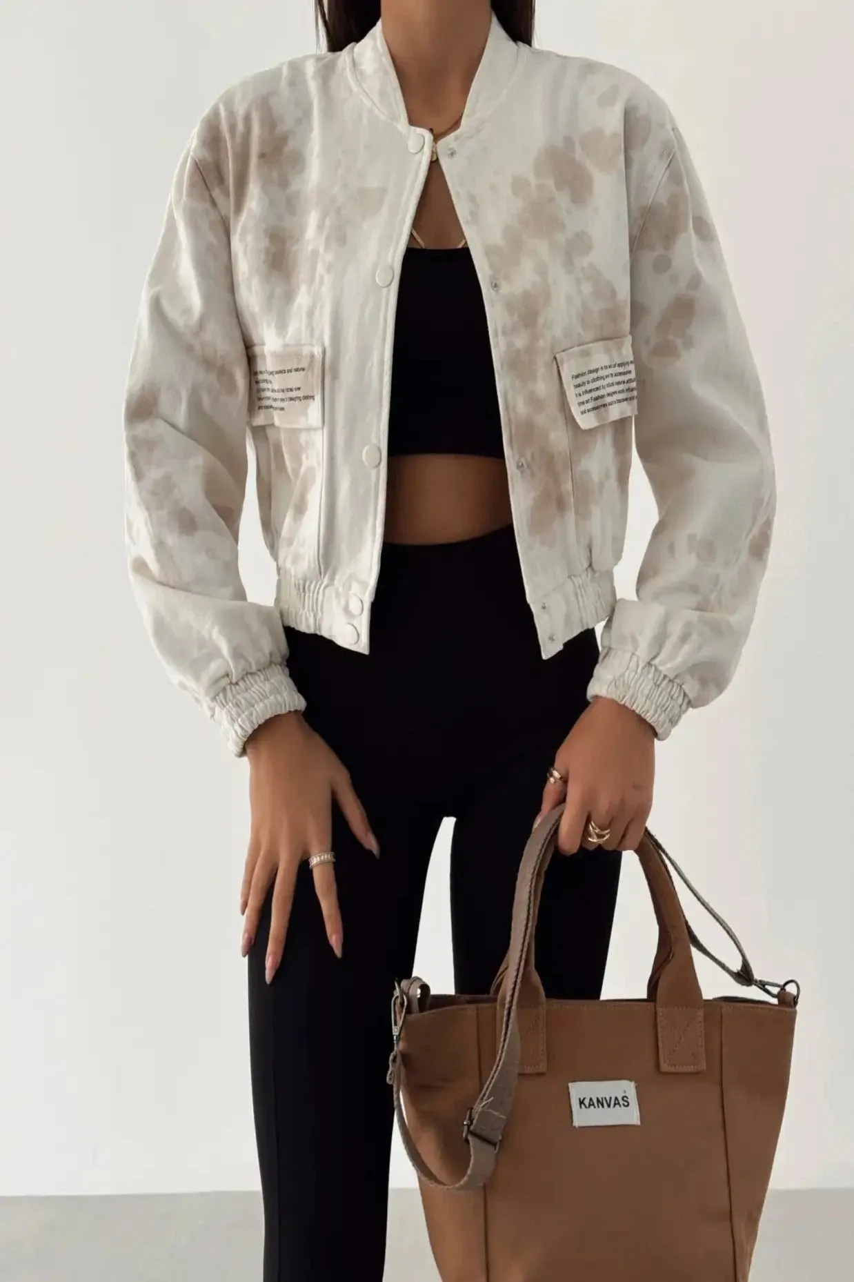 TEXT PRINTED BATIK PATTERNED BOMBER JACKET - ECRU