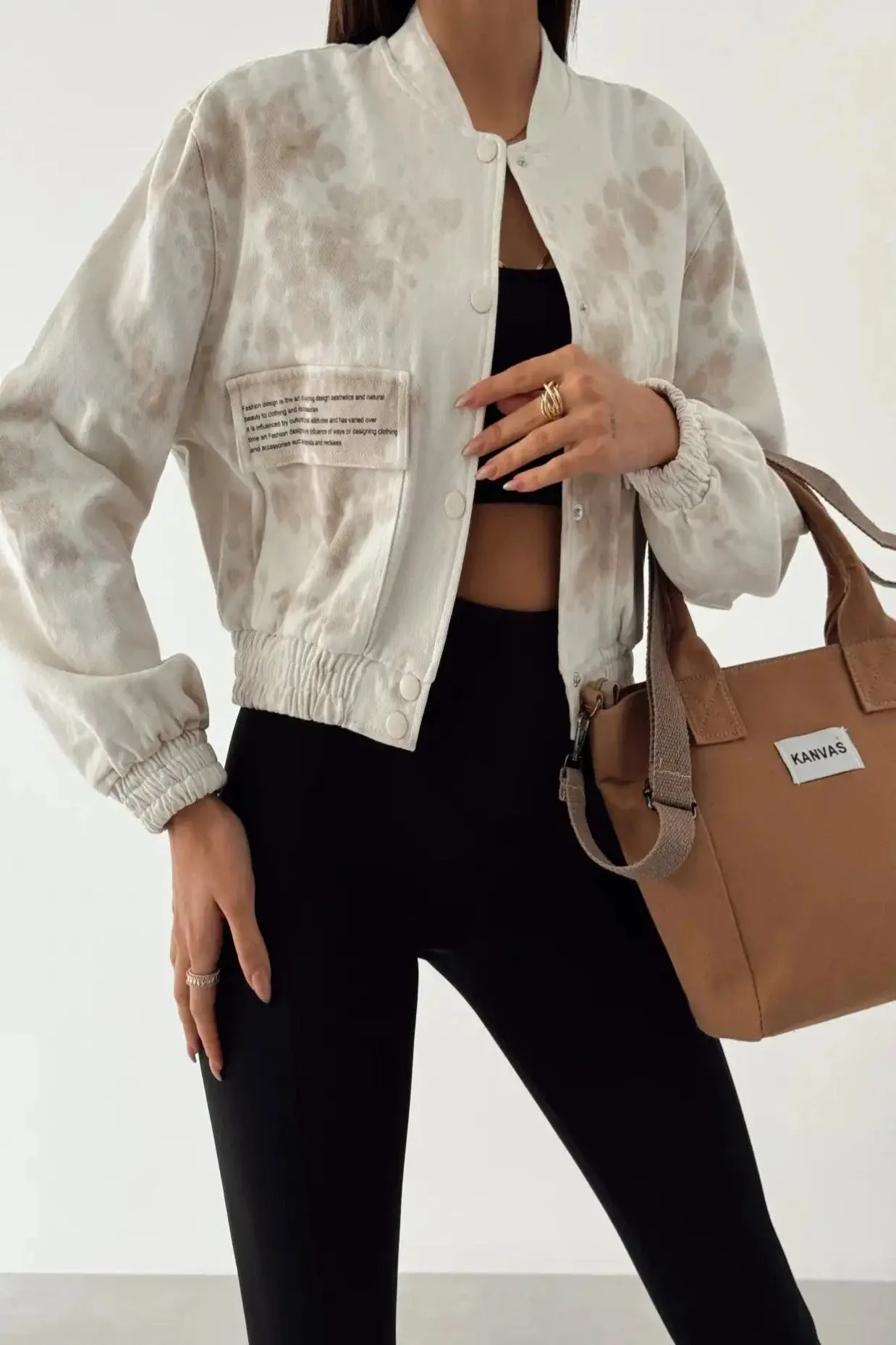 TEXT PRINTED BATIK PATTERNED BOMBER JACKET - ECRU