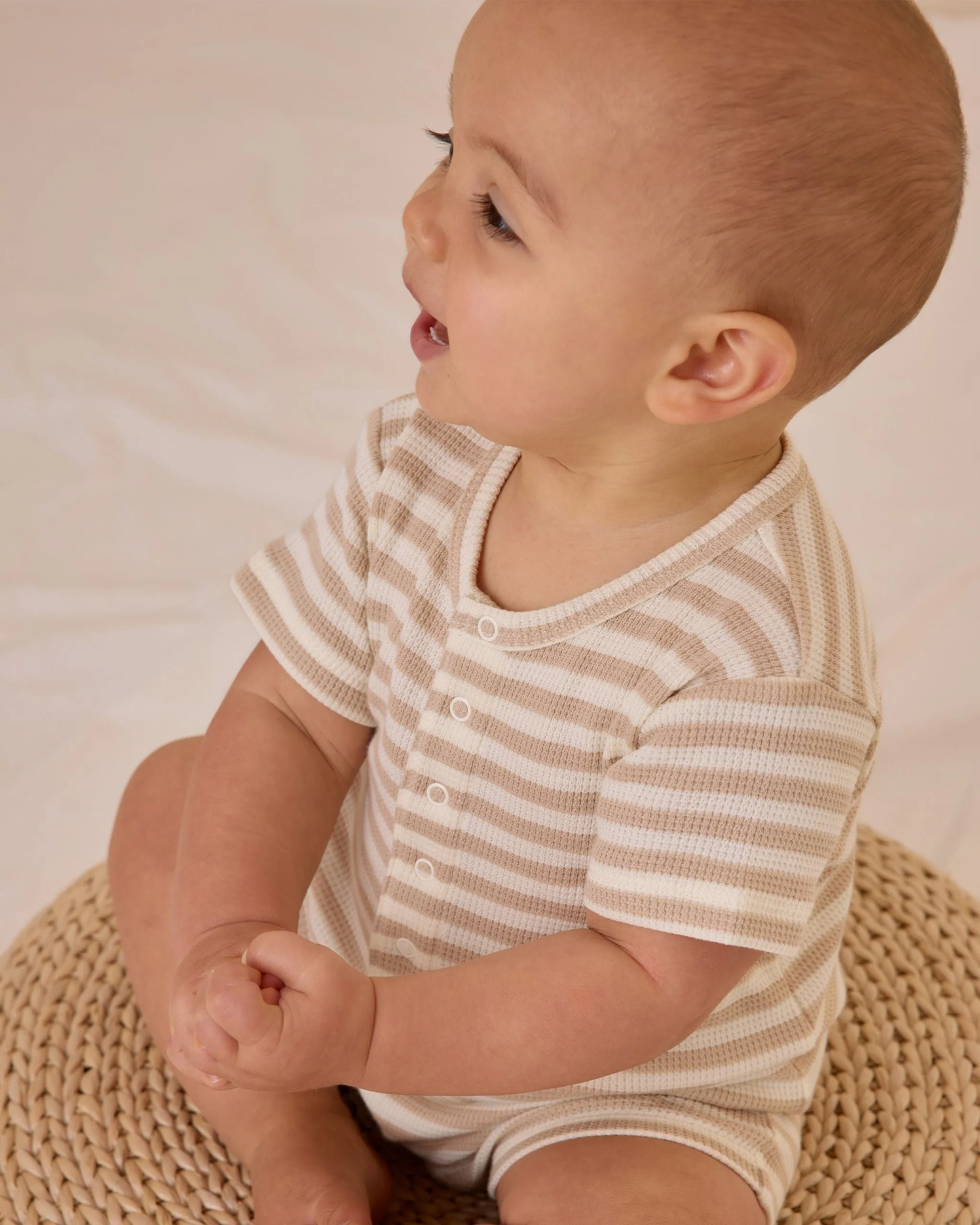 Waffle Snap Romper - Oat Stripe