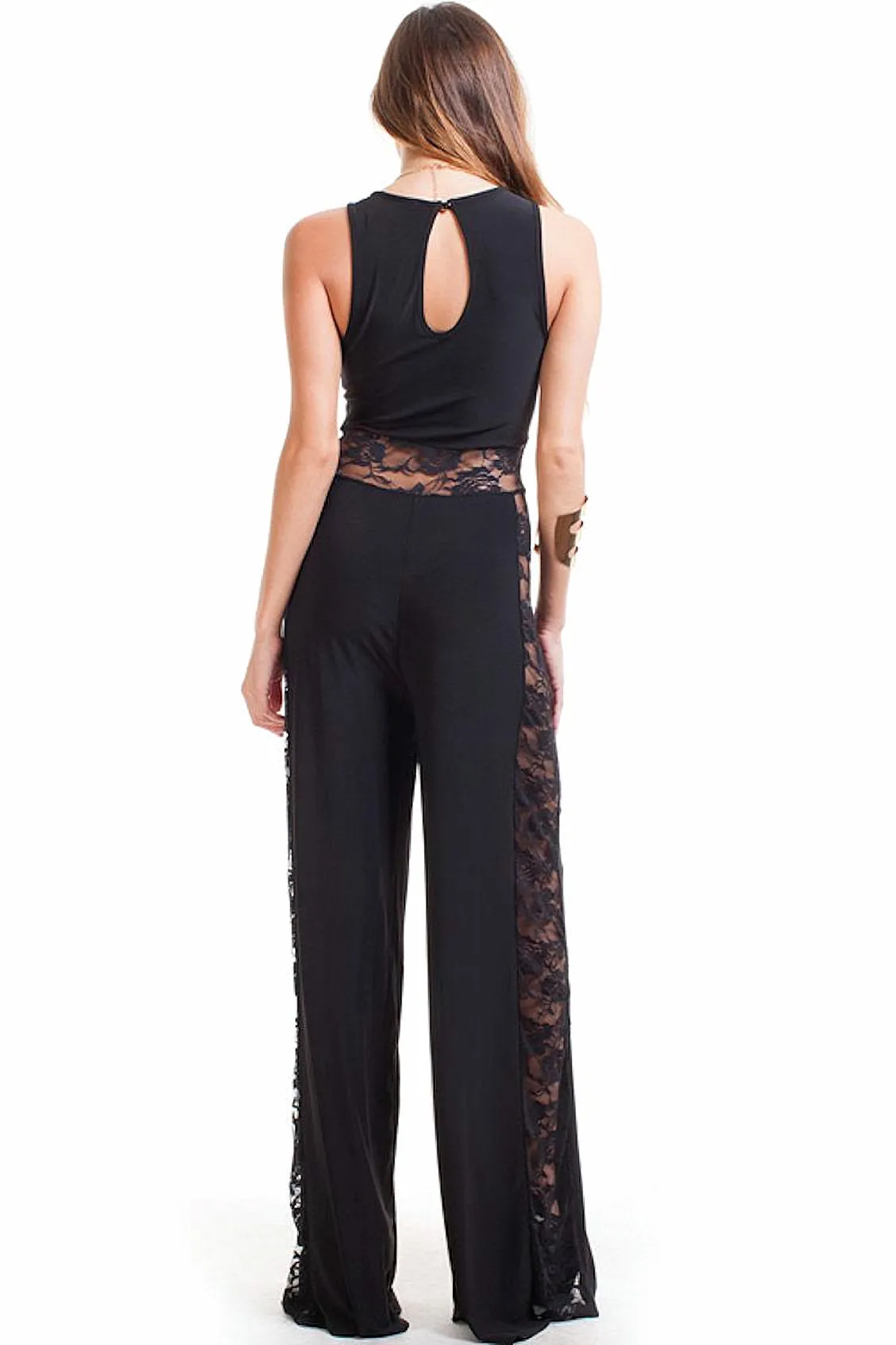 Women's Jumpsuit Black Stretch Wide Leg with Lace Panels