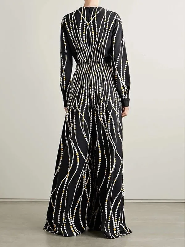 Women's Print V Neck Long Sleeve High Waist Wide Leg Overall Jumpsuit 133919