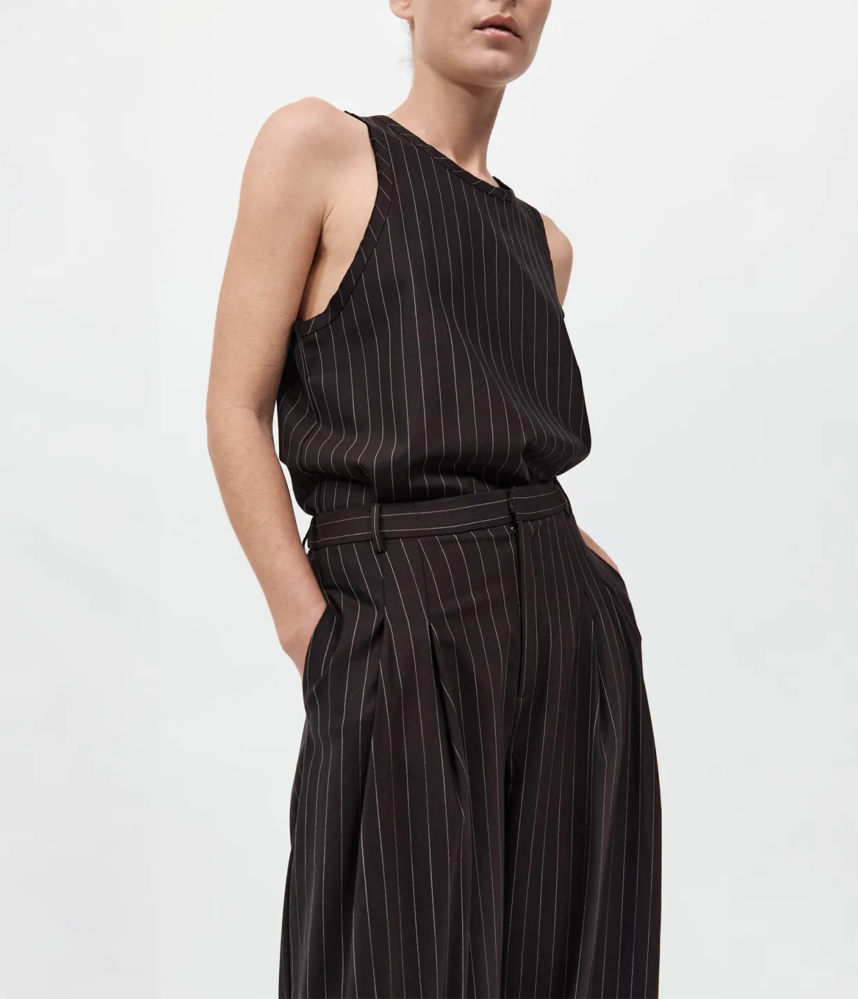 Wool Pinstripe Tapered Pants in Mahogany Stripe