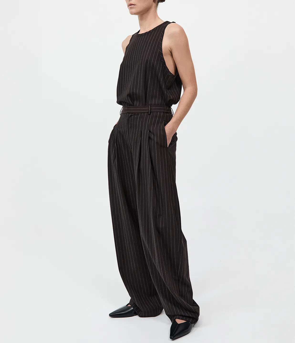 Wool Pinstripe Tapered Pants in Mahogany Stripe