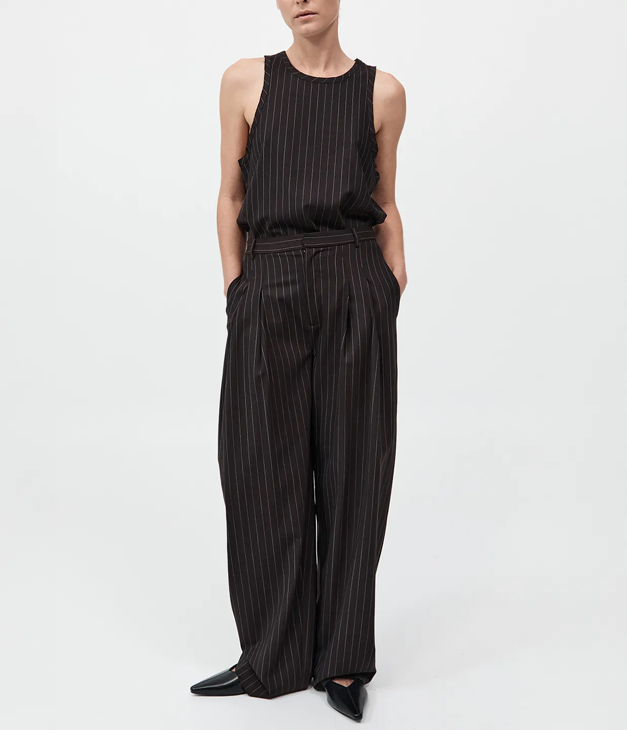 Wool Pinstripe Tapered Pants in Mahogany Stripe